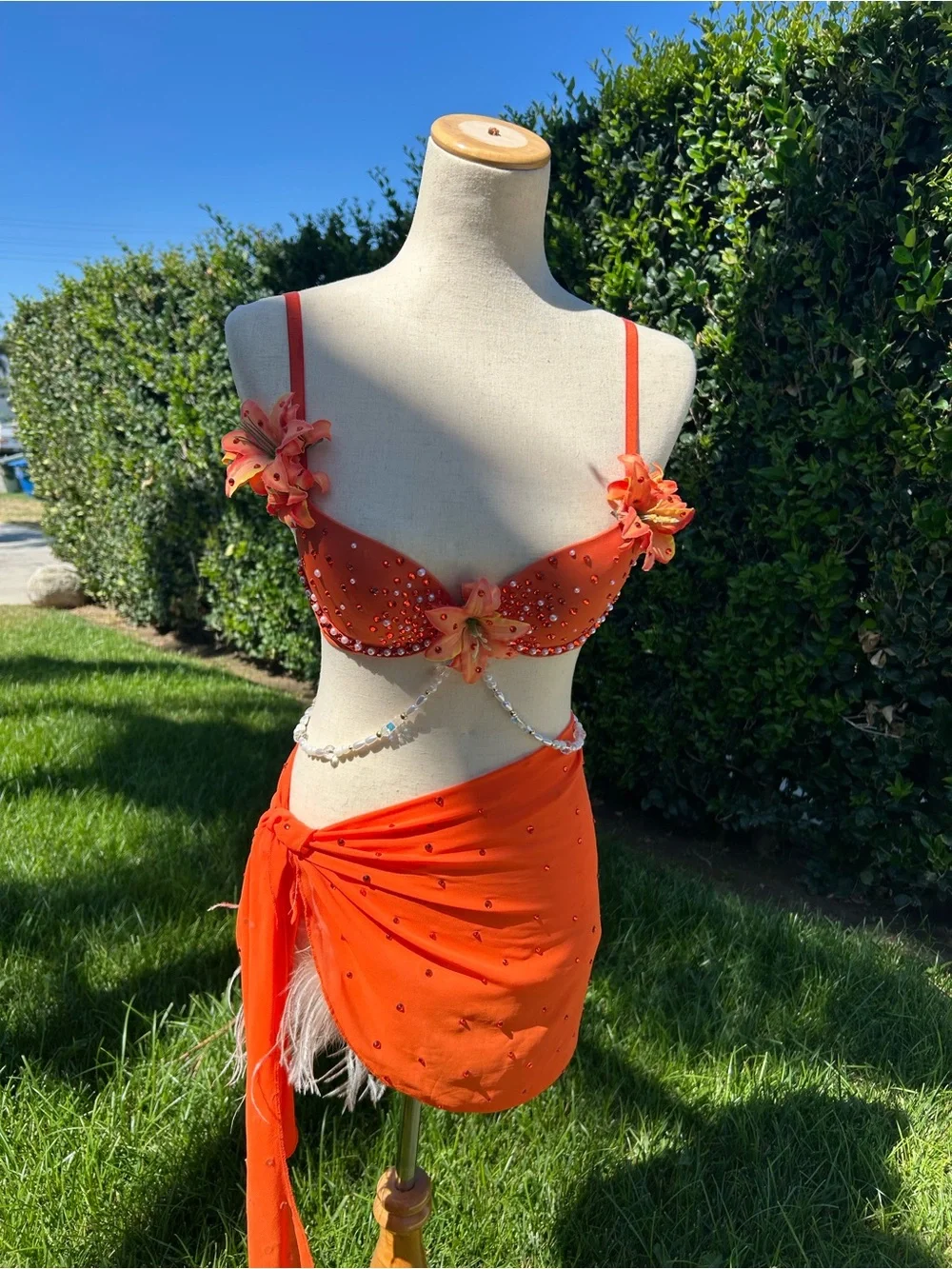 Embellished Orange Dance Set with Floral Accents